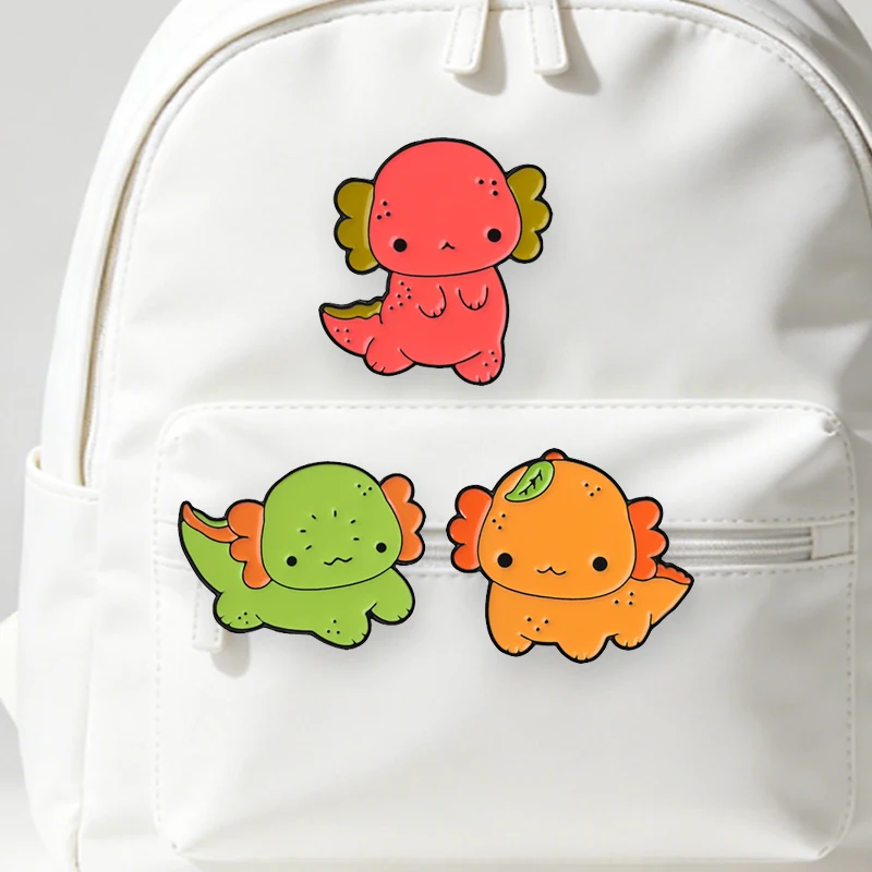 Kawaii Axolotl Fruit Badge Enamel Pin Cute Red Orange Green Salamander Alloy Brooches Decor Jacket Bag Lapel Badge Jewelry Gifts