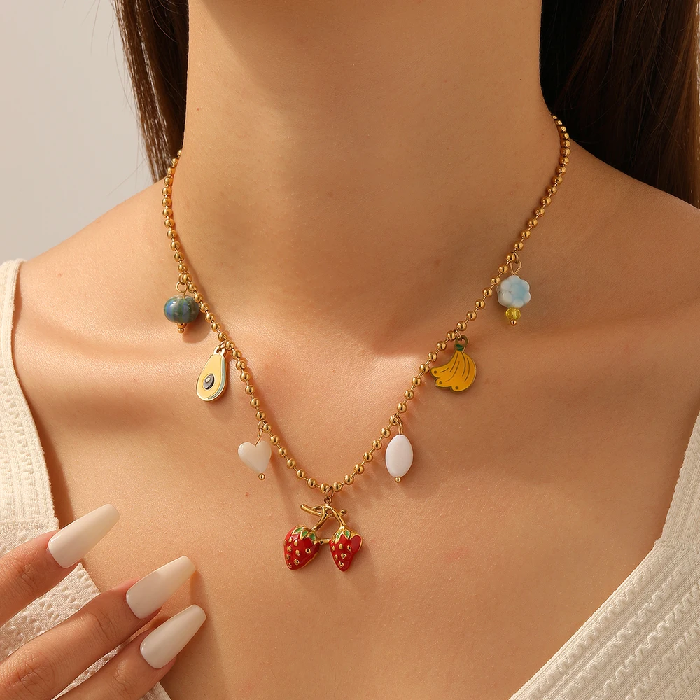 MEYRROYU 316L Stainless Steel Colored Enamel Strawberry Banana Avocado Crystal Pendant Necklace Lady Romantic Unique Neck Chain