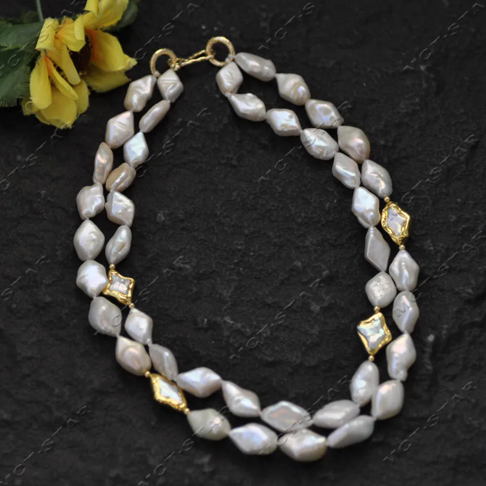 MTC·STAR 2Row 19'' 20mm White Diamond Shape Freshwater Golden Star Pearl Necklace (Z14350)