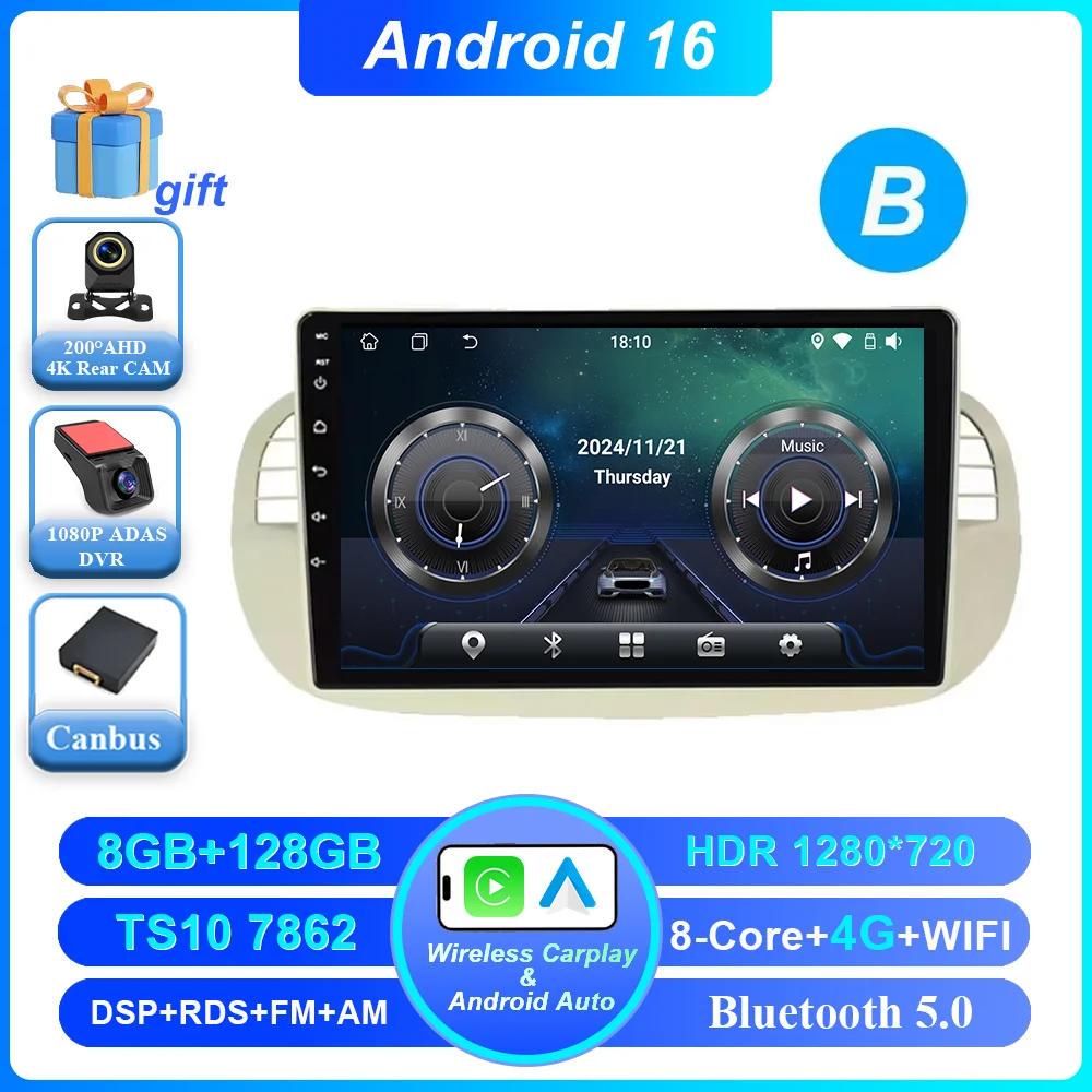 Auto DVD Android 16 Radio Stereo voor Fiat 500 2007-2015 Auto Multimedia Speler GPS Navigatie Hoofdunit Hoge-Prestatie CPU WIFI