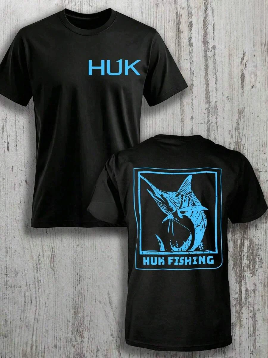 2026 Fishing Graphic Tee Unisex Short Sleeve Black T-shirt HUK Light Blue Sailfish Square Pattern Front And Back Print Angler