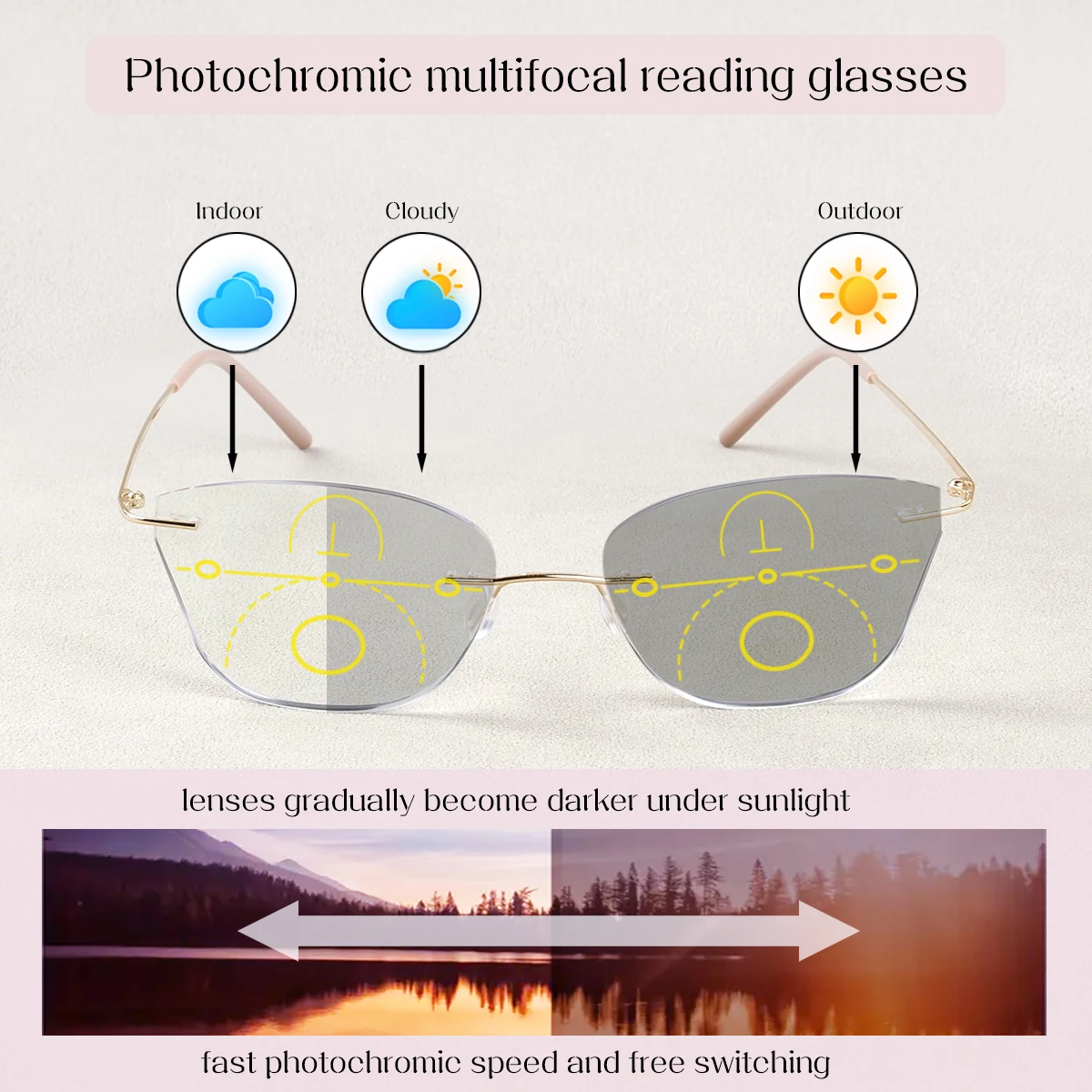 Progressive Multifokale Lesebrille Randlos Photochromatisch Presbyopie-Brille für Männer und Frauen Modische Anti-Blaulicht-Brillen