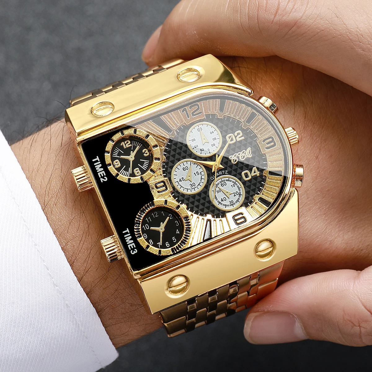 Luxury Decorative Dial Gold Men Watch Stainless Steel Band Quartz Wristwatch Casual Business Clock Reloj Hombre (Without Box)