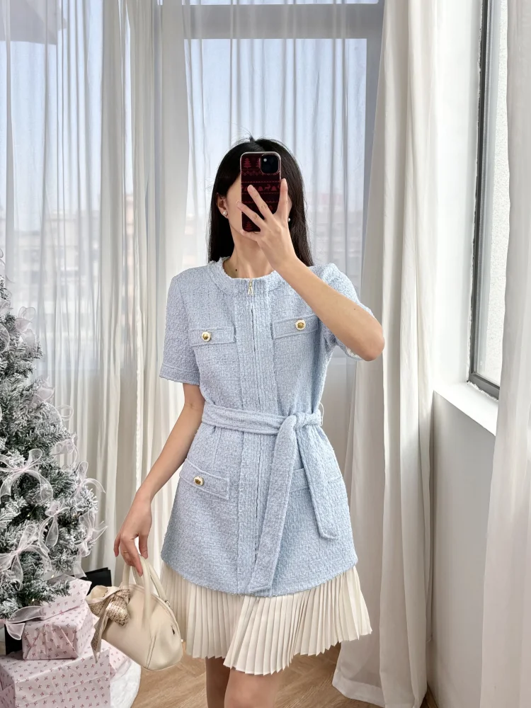 Charmsoul Spring Summer New Fashion Sky Blue Floral Taffeta Waist Cinched Pleated Short Dress Women's Elegant Sle Dress