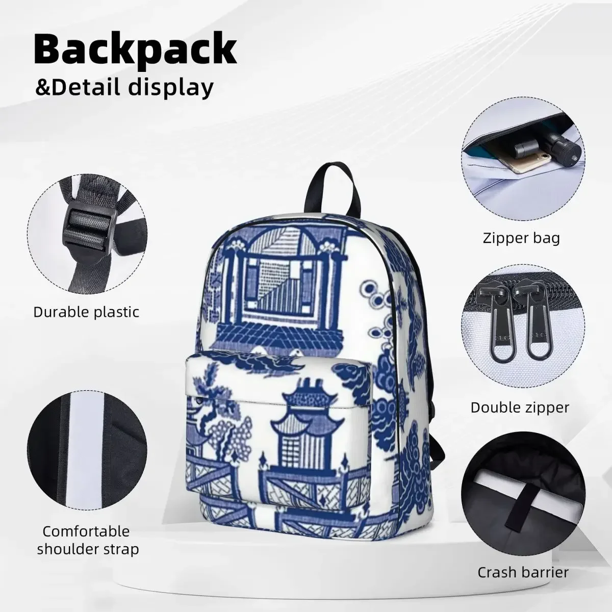 Blue Willow Ancient Ming China - Blue And White Chinoiserie Backpacks Boys Bookbag Casual Students School Bags Laptop Rucksack