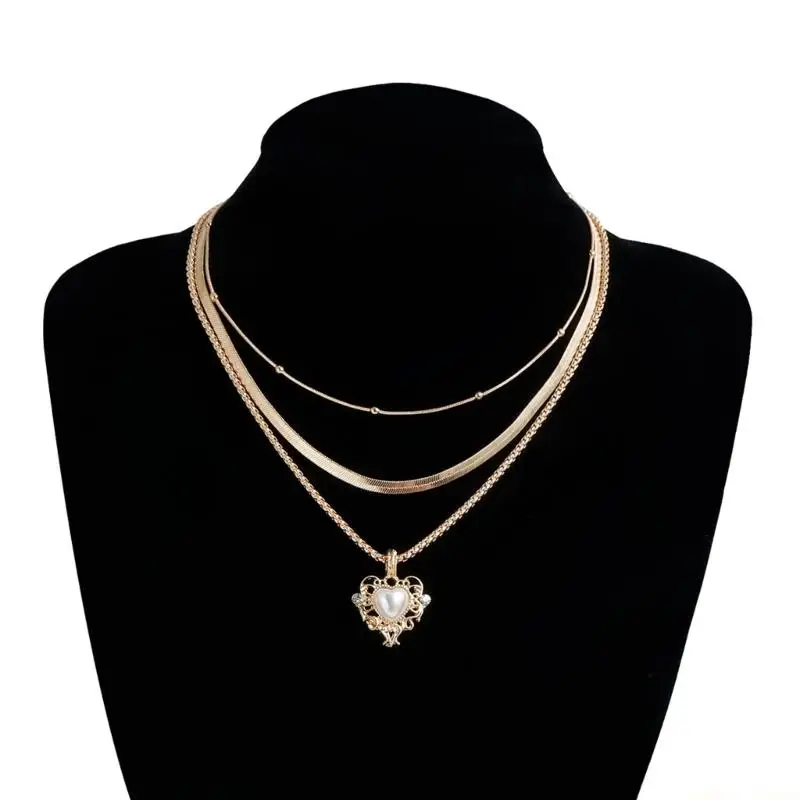 31BF Adjustable Retro Gold Necklace Featuring Layer Chains and Heart Shaped Detail