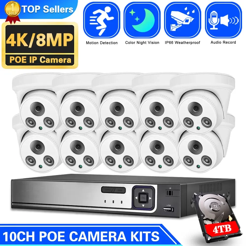 

10CH 8MP POE Video Security System 4K 8MP Super HD Outdoor Dome IP Cameras with Color Night Vision Outdoor POE Security Camera