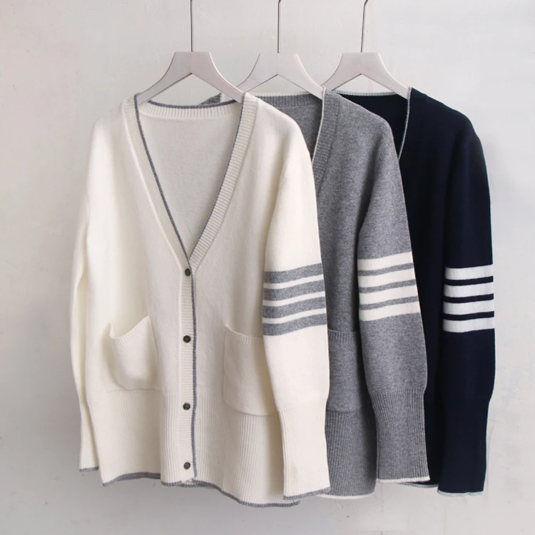 Camisola de caxemira com decote v feminina, cardigã casual, manga comprida, estilo TB, nova venda quente, outono e inverno
