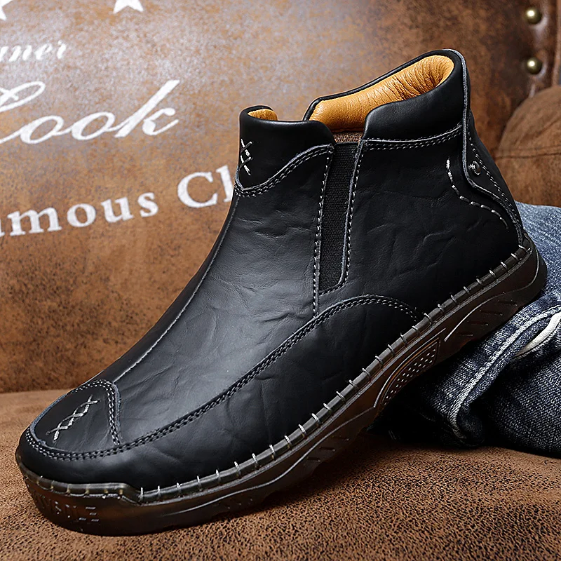 Slip On Leather Men Boots Hand Made Ankle Boots Transparent Sole Winter Casual Shoes For Male Plus Size 38-47