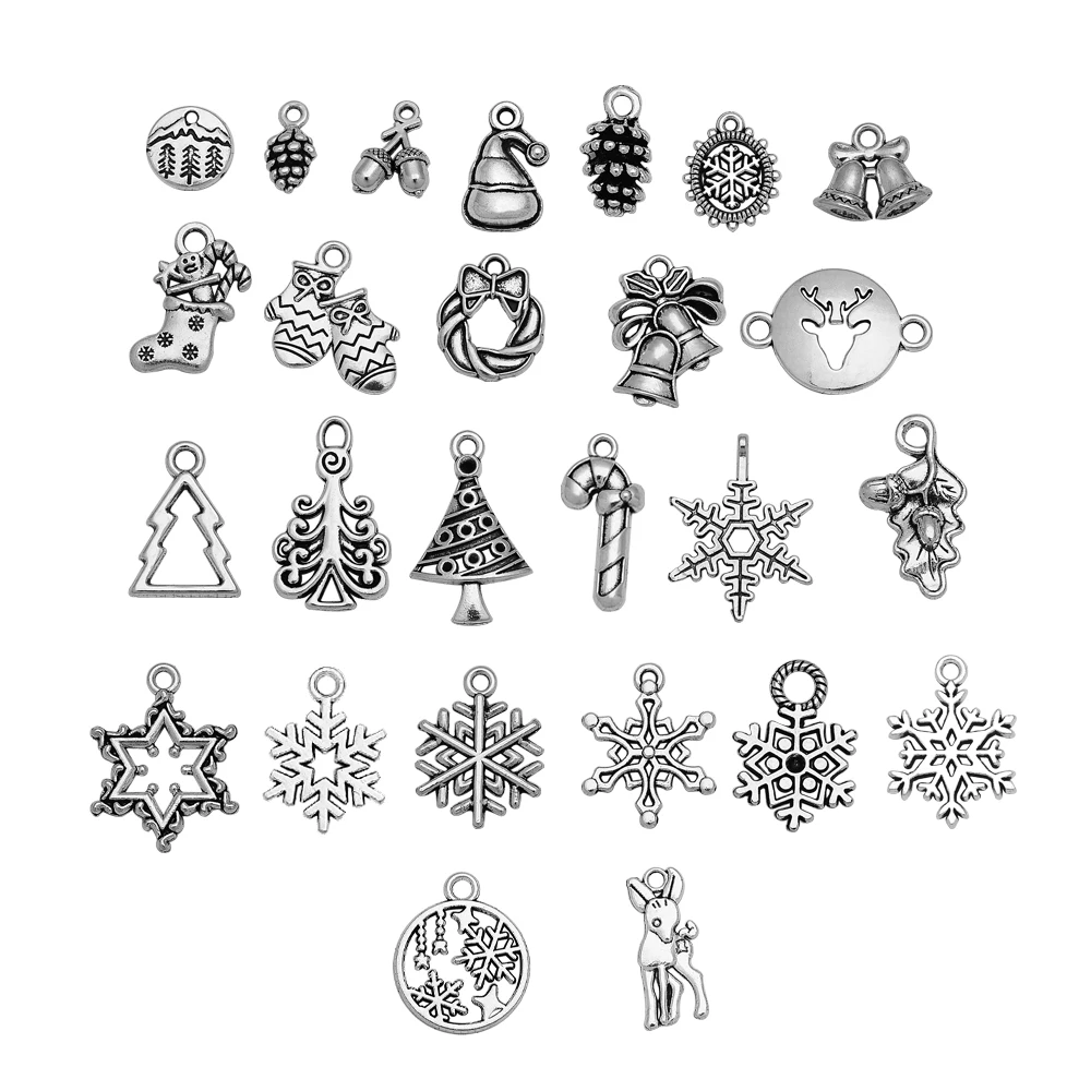 30pcs/lot Christmas Snowflake Tree Hat Charms Candy Cane Pine Cone Pendant For Diy Jewelry Making Supplies Bulk Items Wholesale