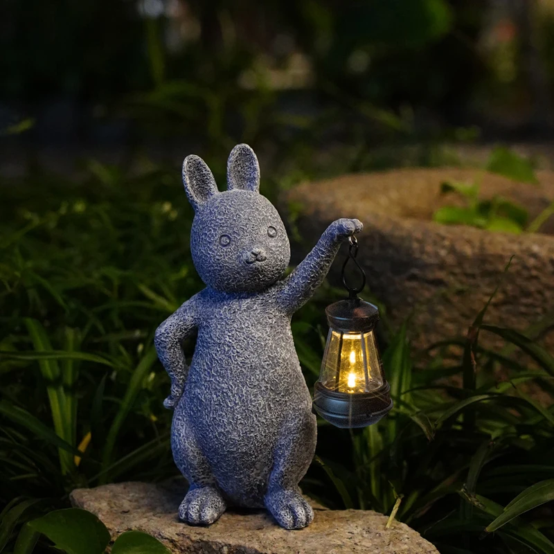New Chinese Solar Powered Outdoor Courtyard Lights Garden Landscape Lawn Lamp Creative Resin Cute Rabbit Statues Decoration, 1Pc