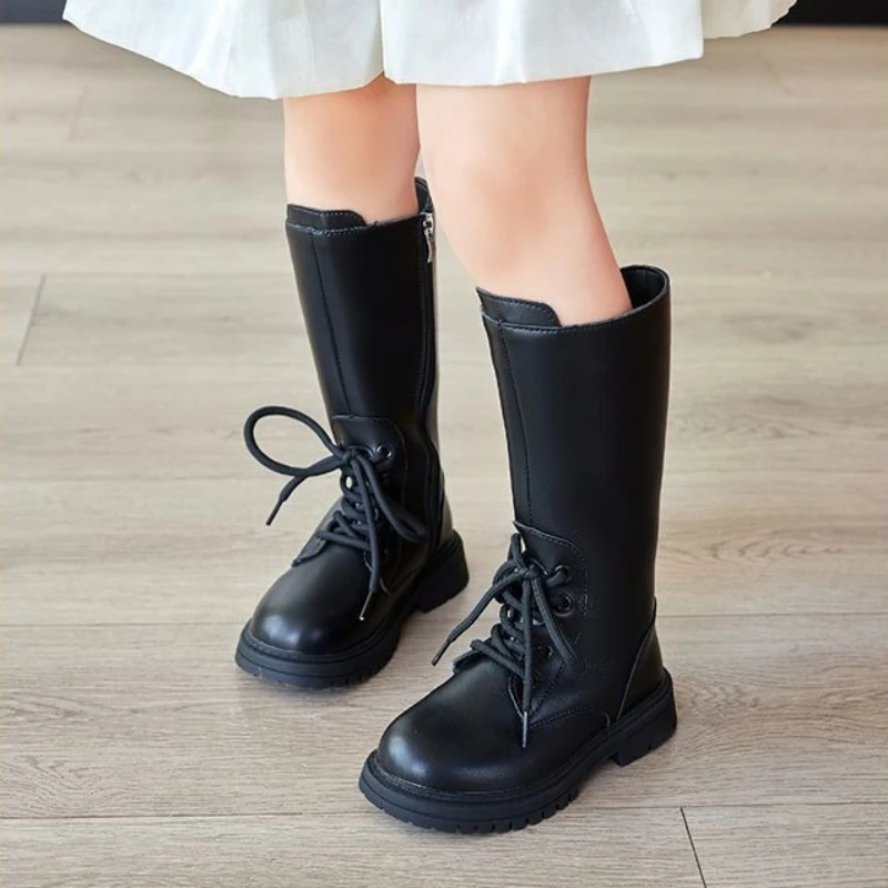 

Autumn Winter Girls Long Leather Boots Fashion Knee High Soft Sole British Style Princess Boots​ for Kids