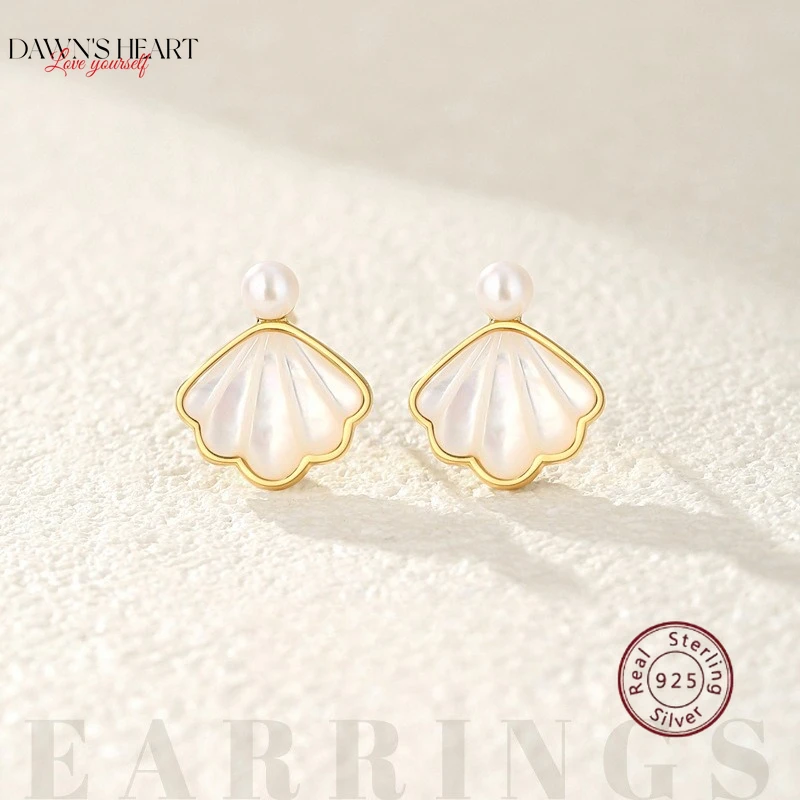 

925 Sterling Silver Shell Earrings Natural Pearl Dainty Stud Minimalist Hypoallergenic Elegant Gift Women's Trendy Boho Earrings
