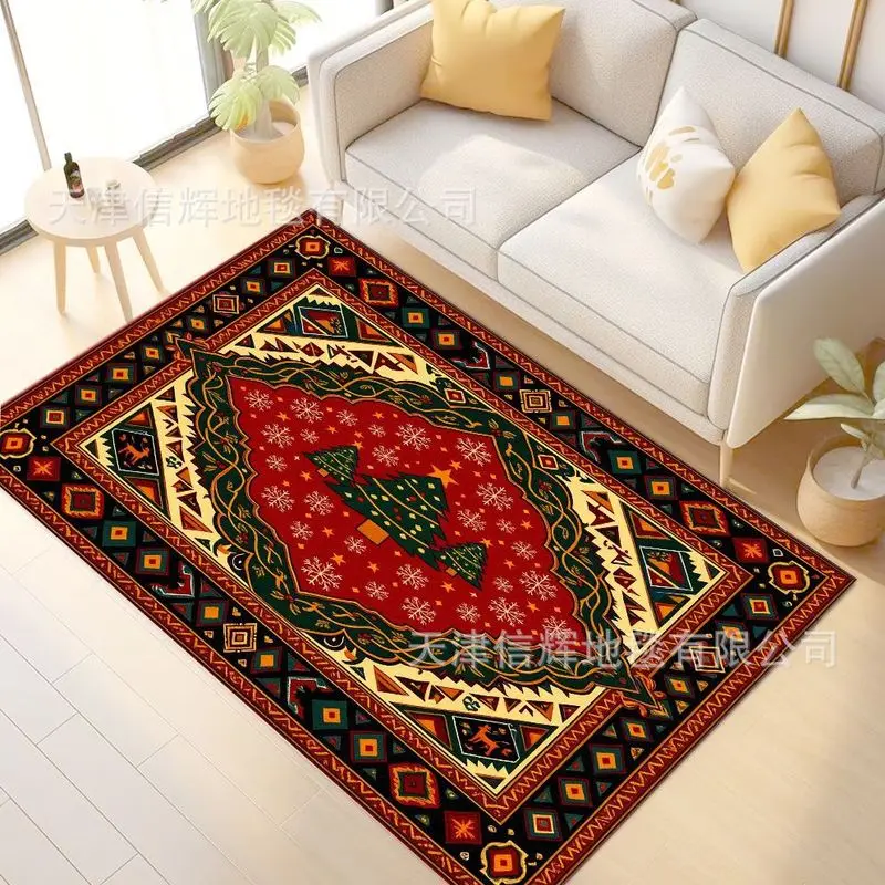 VIKAMA Dark Blue Tribal Reindeer Tree Christmas Rug for Living Room Bedroom, Dirt Resistant Durable Holiday Area Rug Home Decor