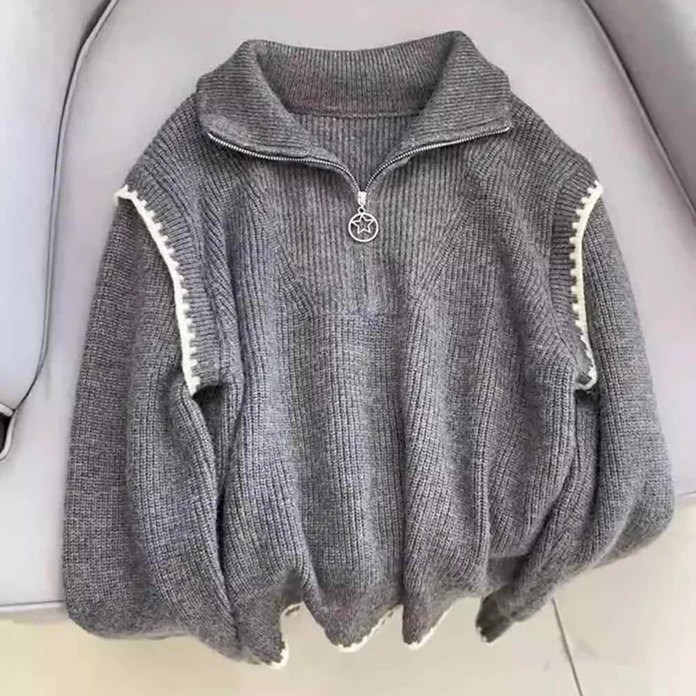 Women Loose Knitted Pullover Tops Spring Autumn Half Zip High Neck Grey Sweaters Female Thick Warm Soft Knitting Shirt Sweater