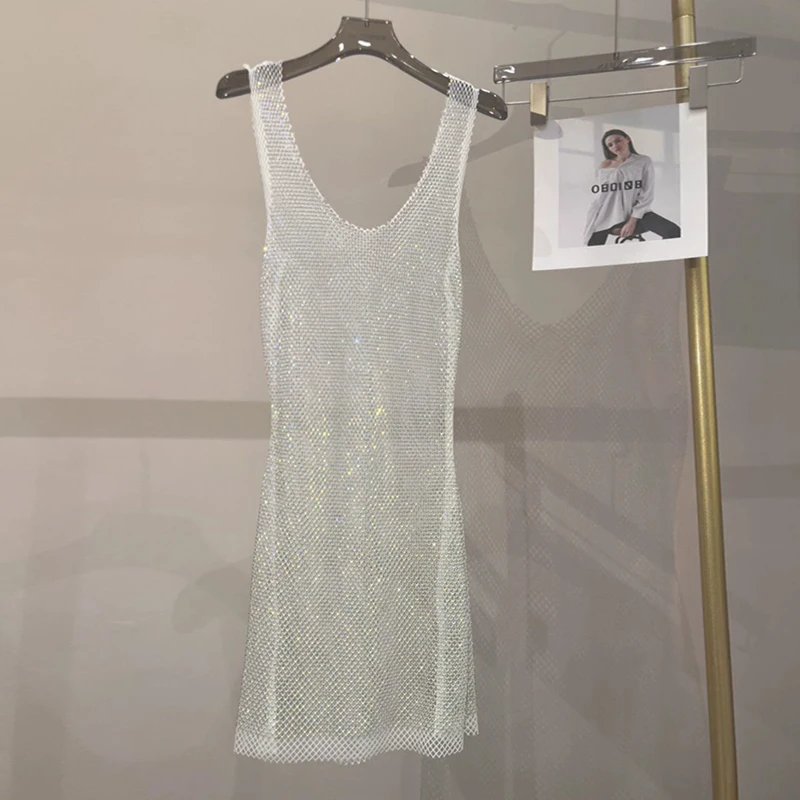Damen Strass-Netzkleid Durchsichtiges Mesh-Midikleid Funkelndes Transparentes Bodycon-Partykleid Nachtclub-Outfit Festival-Rave-Outfit – Detail 1