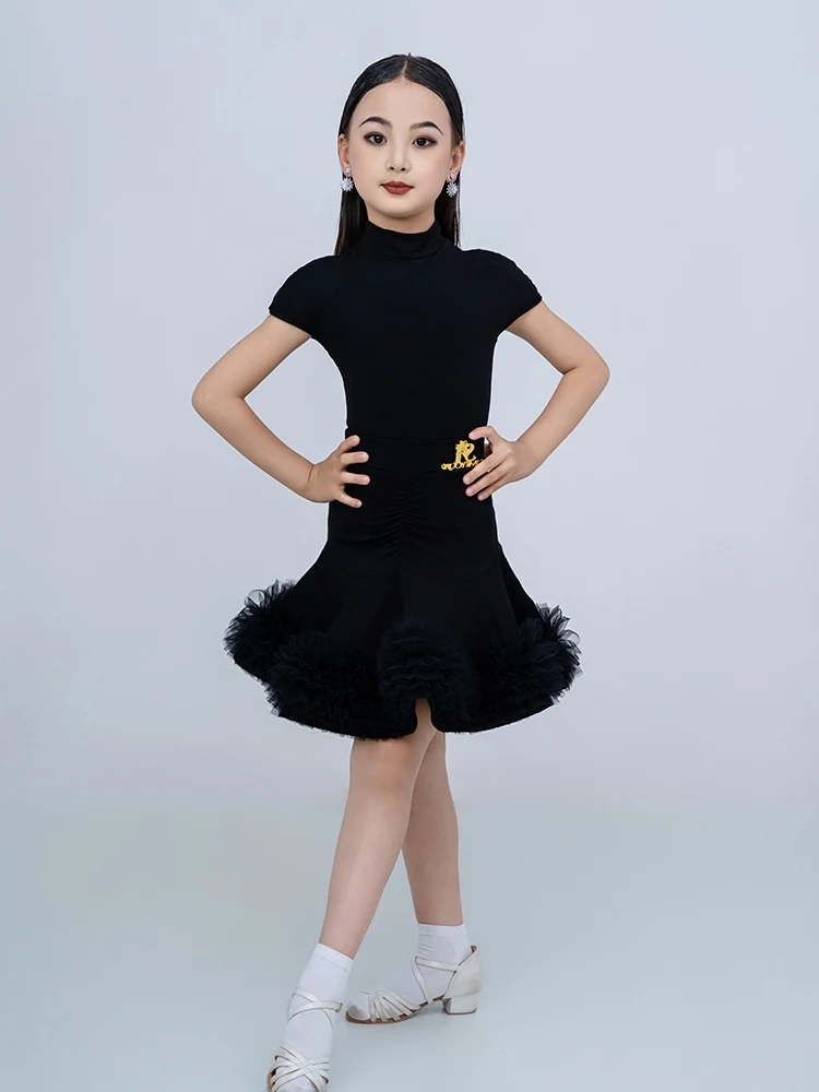 Vestido de dança latina para meninas, gola alta, renda, saia grande, manga curta, samba chacha, roupa de competição latina dn21785