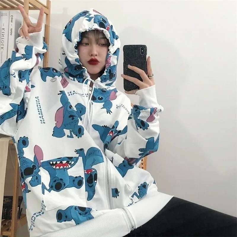 Creative Disney Stitch new cute creative cartoon pattern print statement fashion loose and comfortable hooded cardigan jacket
