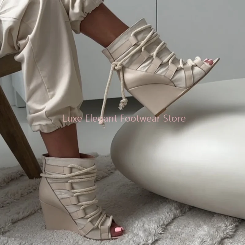 

Beige Canvas Patchwork Lace Up Wedge Ankle Boots Women Suede Round Peep Toe Sandals Boots Retro Fashion Party Gladiator Shoes