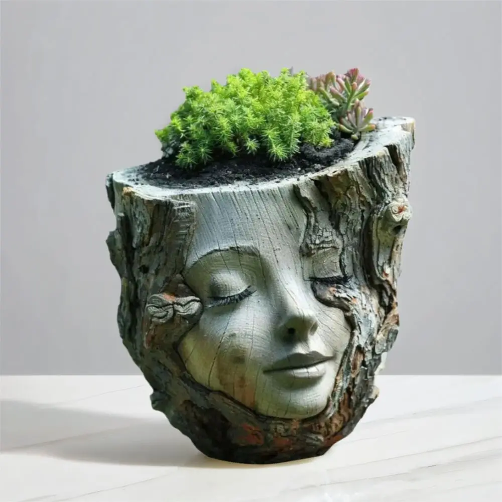 Creative Funny Girl Face Flowerpot Handmade Waterproof Tree Stump Girl Pot Resin Crafts Figure Planter Living Room JJ2910