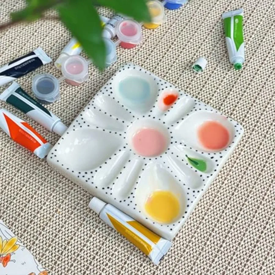 

Ceramic Watercolor Palette - Whimsical Black Polka Dot Design with Slanted Paint Well, Premium Glazed Ceramic Artist Palette fo