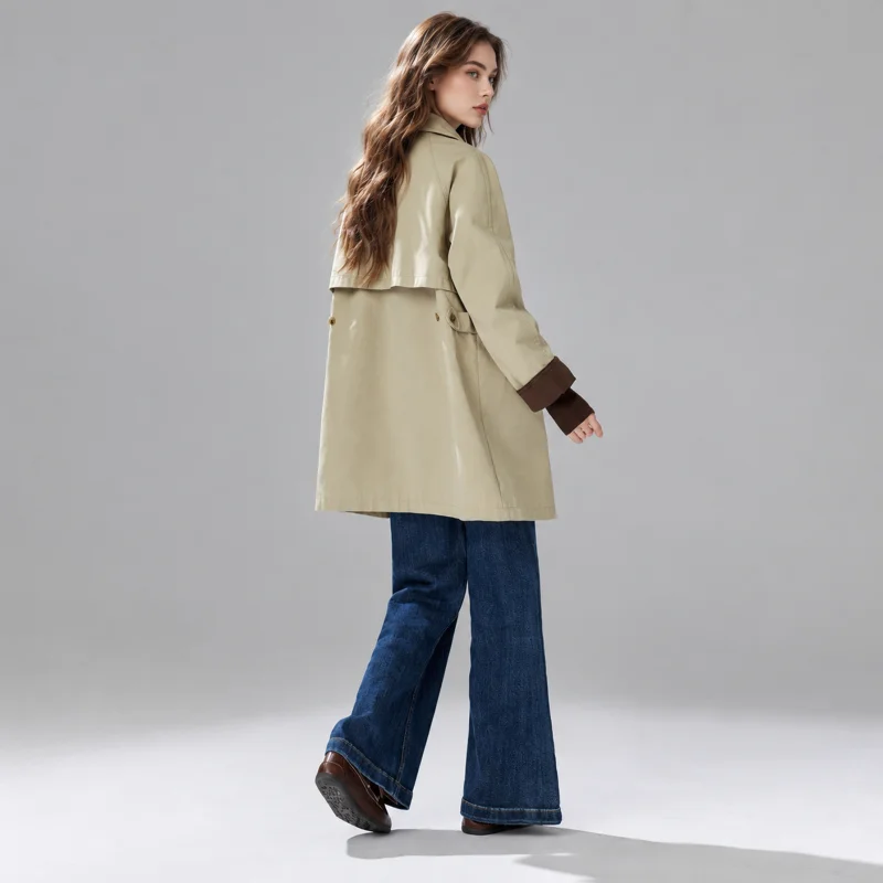 Women Relaxed Mid‑Length Trench Coat, Classic Point Collar Raglan Sleeve Jacket With Contrast Cuffs, Quiet Luxury Smart Casual T