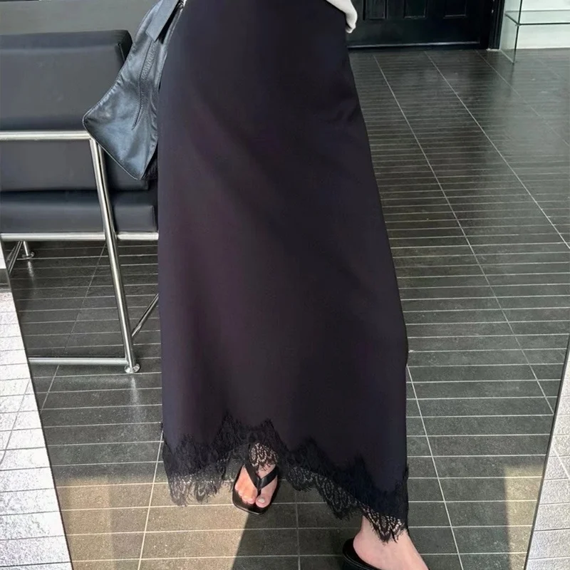 Moda feminina saia de comprimento médio cetim renda retalhos saia de comprimento médio elegante e feminino adequado para uso diário e datas