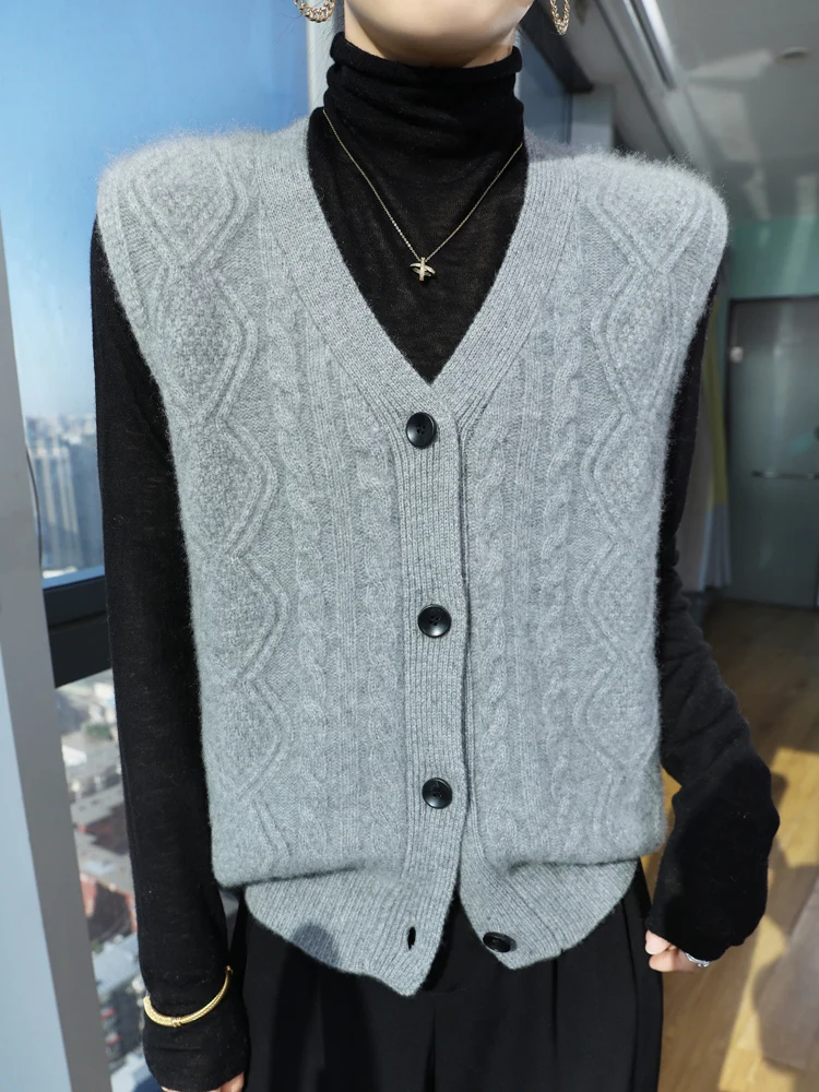 

Autumn Winter Women's V-neck Waistcoat 100% Merino Wool Knitwear Cardigans Sweater Sleeveless Vest Loose Twist Flower Grace Tops