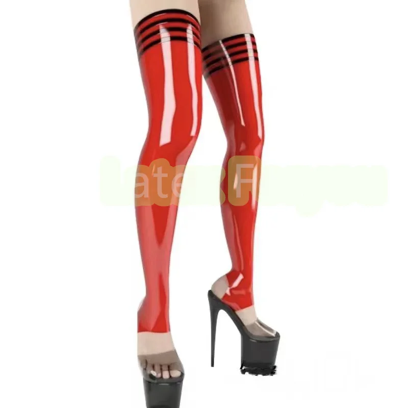 

Sexy Slim Hot 100% Natural Latex Rubber Red with 4 Black Trims Chic Stirrup Stockings Classic Thigh Highs Club wear Gummi