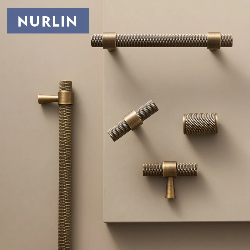 Nurlin Solid Brass Knurled Art Deco Retro Antique industrial style Cabinet Wardrobe Drawer Handle T-bar Pull