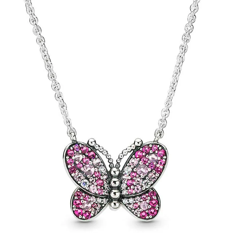 

Original Moments Dazzling Pink Butterfly With Crystal Necklace For Women 925 Sterling Silver Bead Charm Necklace Fashion Jewelry