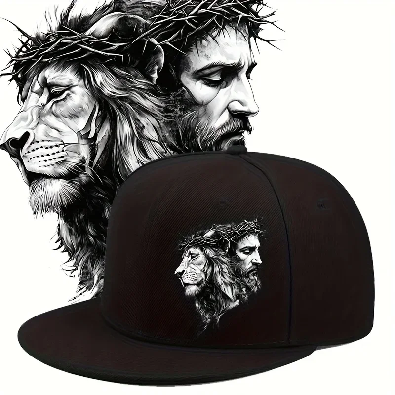 2D Flat, Jesus Wears a Crown of Thorns on His Head, with a Lion in the Background, and an Adjustable City Style Baseball Cap - M