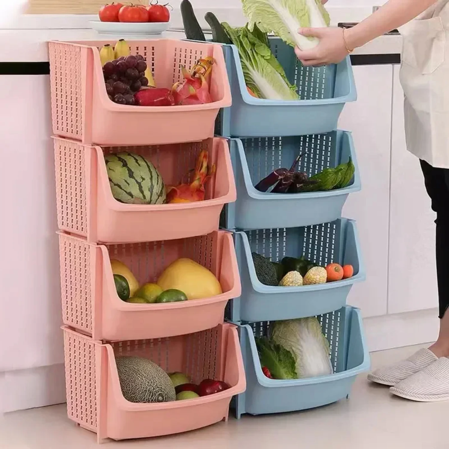 Multi-layered Household Vegetable and Toy Floor-standing Rack with Baskets and Shelves for Kitchen and Pantry Storage