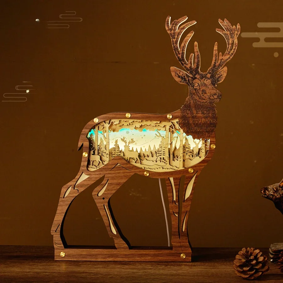 

Christmas Elk Ornament Souvenir Wood Carving Light Merchandise Creative 3d Night Light Nordic Touch Decorative Desk Lamp Cross