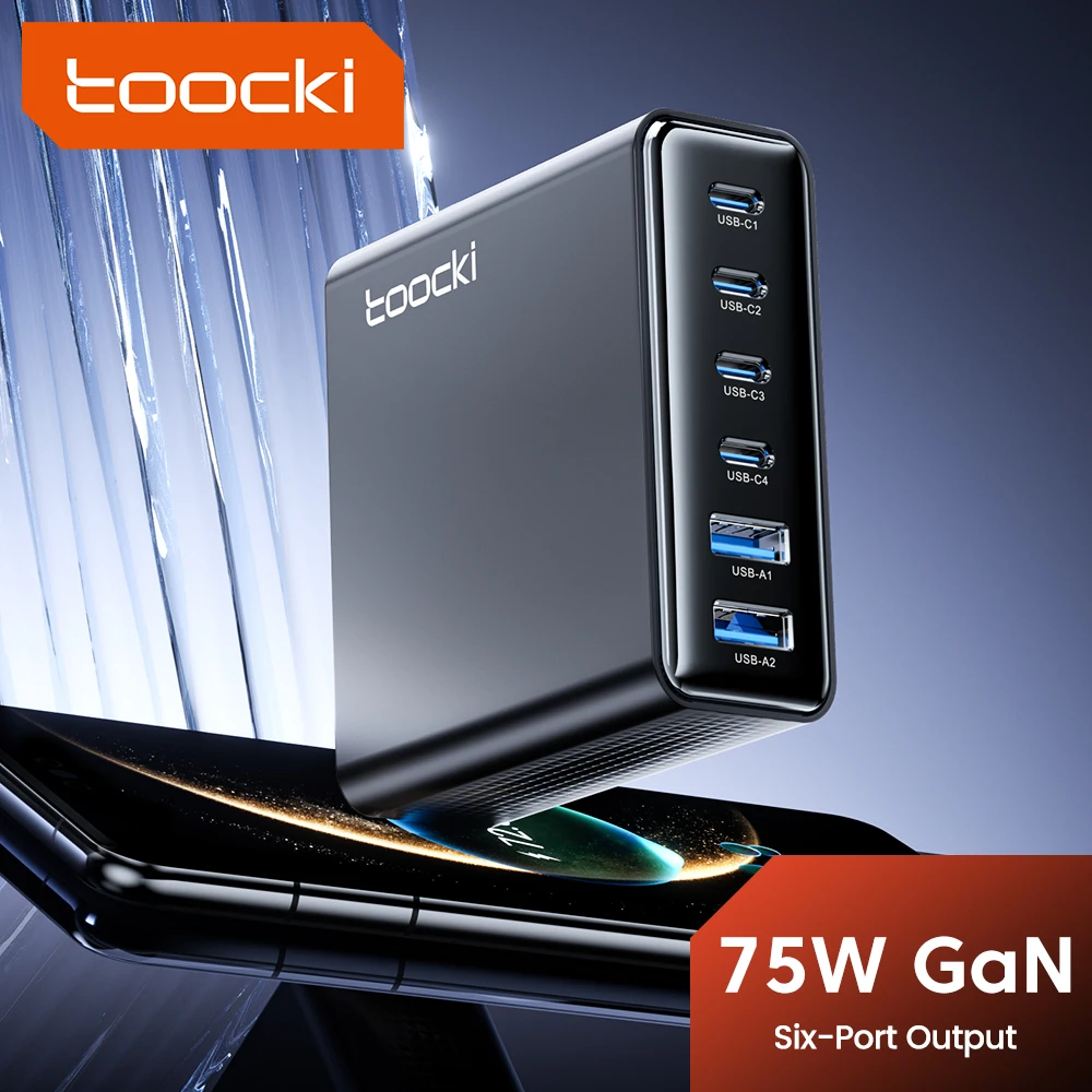 

Toocki 75W GaN USB Desktop Charger For iPhone 13 14 15 16 17 Xiaomi 14 15 6-in-1 PPS 25W Super Fast Charging For Samsung S23 S24