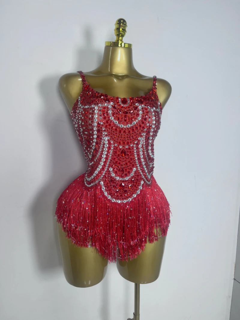 Women Sexy Eveing Birthday Party Nightclub Stage Performance Costume Sparkly Silver Rhinestones Pearl Tassels Bodysuit