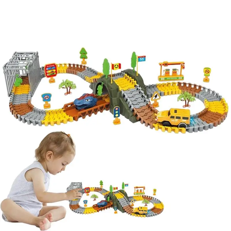 

Toy Car Track Set Dinosaur Toy Car Tracks Puzzle DIY Assembling Electric Trolley Car Track Playset Realistic Montessori