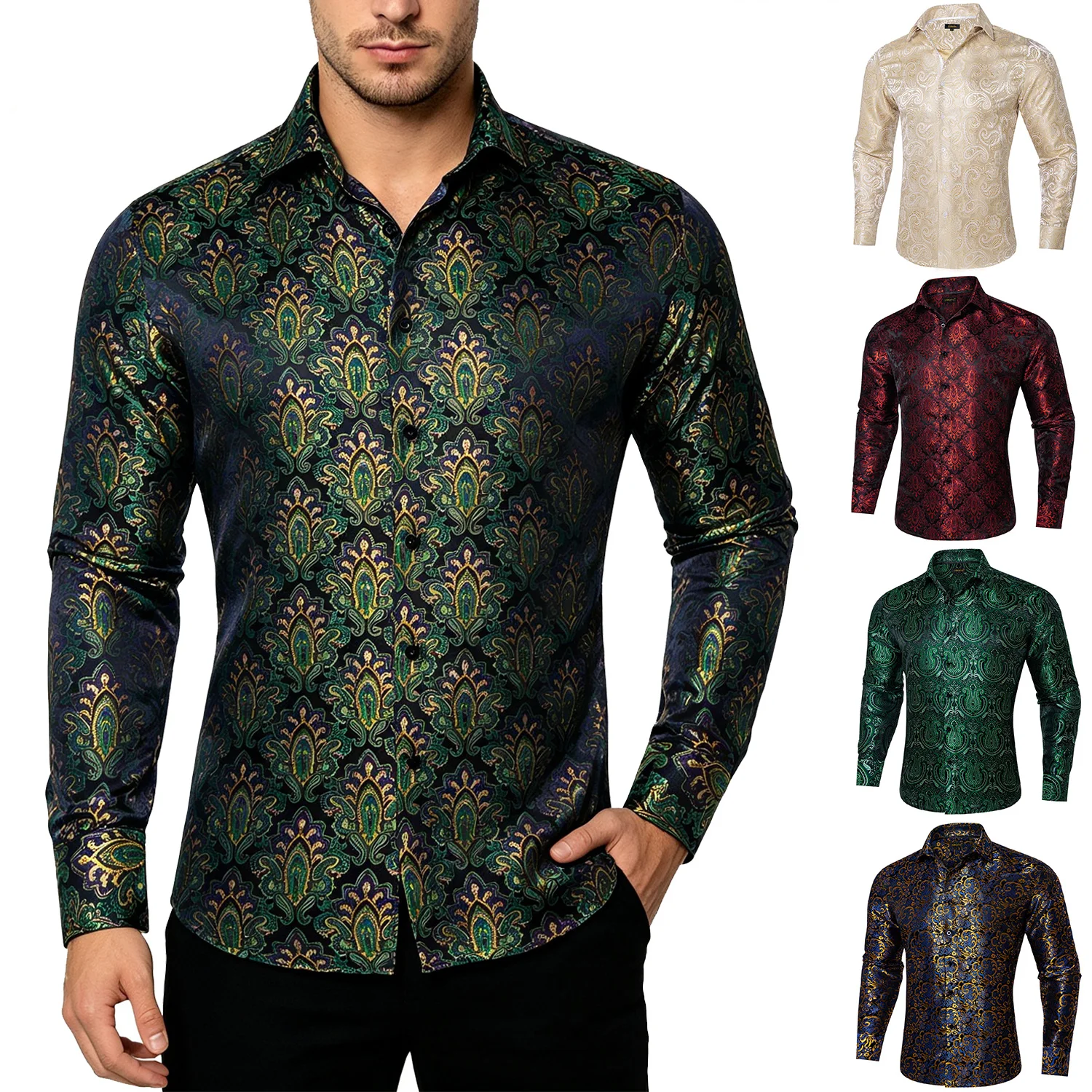 Long Sleeve Shirt for Men, Paisley Floral Print Slim Fit Button Down Dress Party Prom Evening Occasions