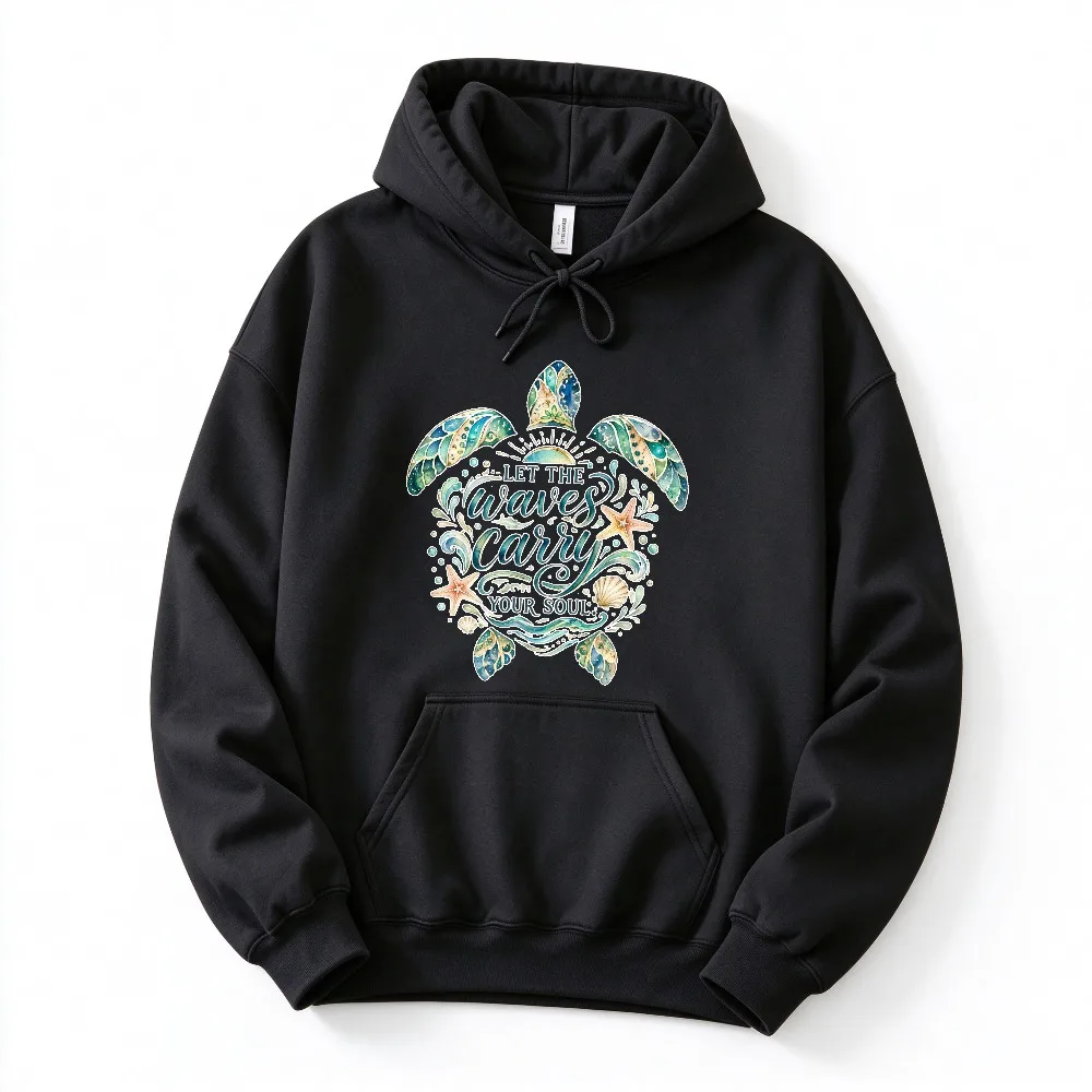 Let The Waves Carry You Watercolor Sea Turtle Starfish Shell Ocean Wave Graphic Sweatshirt Marine Beach Print Pullover Casual