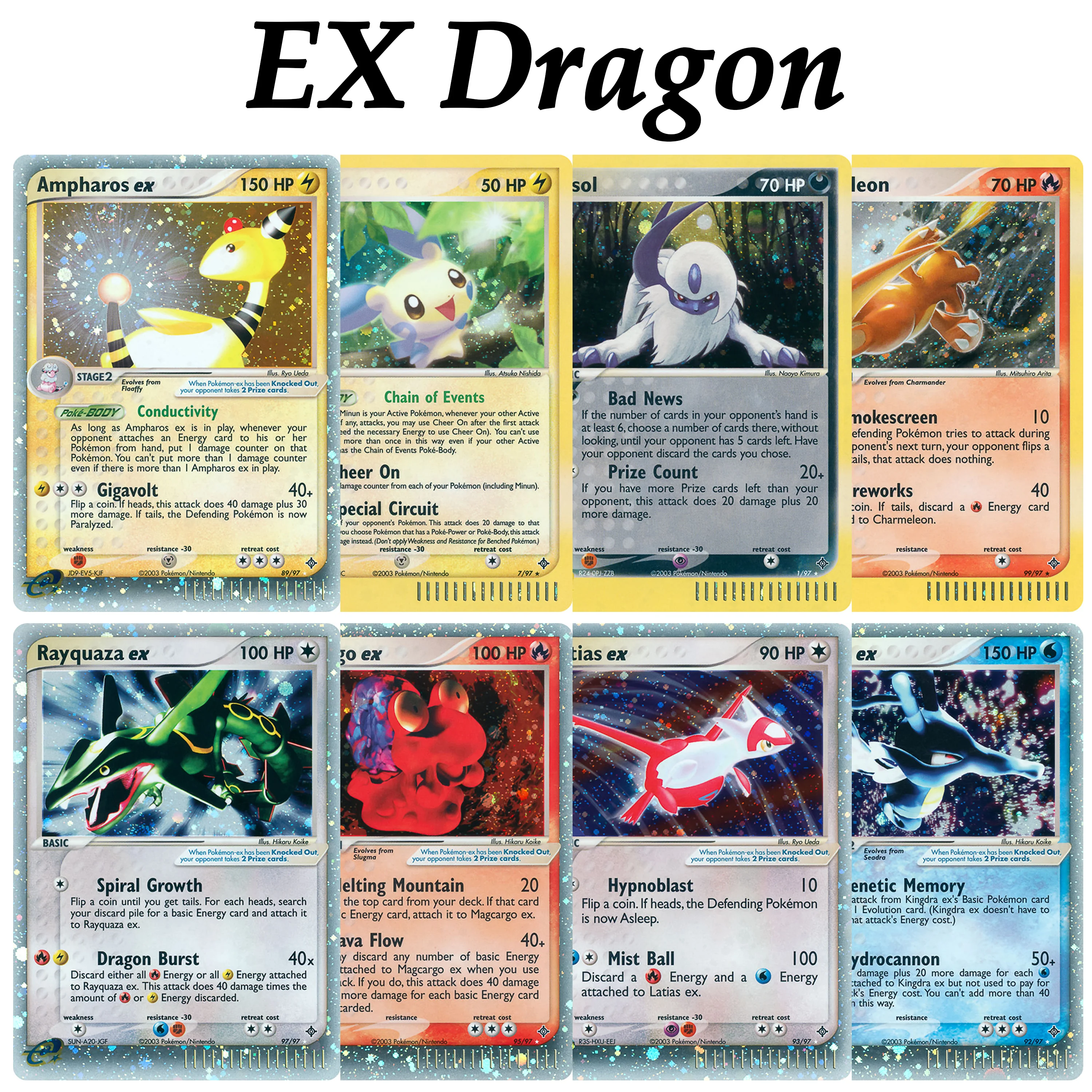 

PTCG Pocket EX Dragon 2003 Cosmos Holo Absol Minun Ampharos Kingdra Rayquaza Magcargo Charmeleon HR UR Vintage Grail Proxy Cards