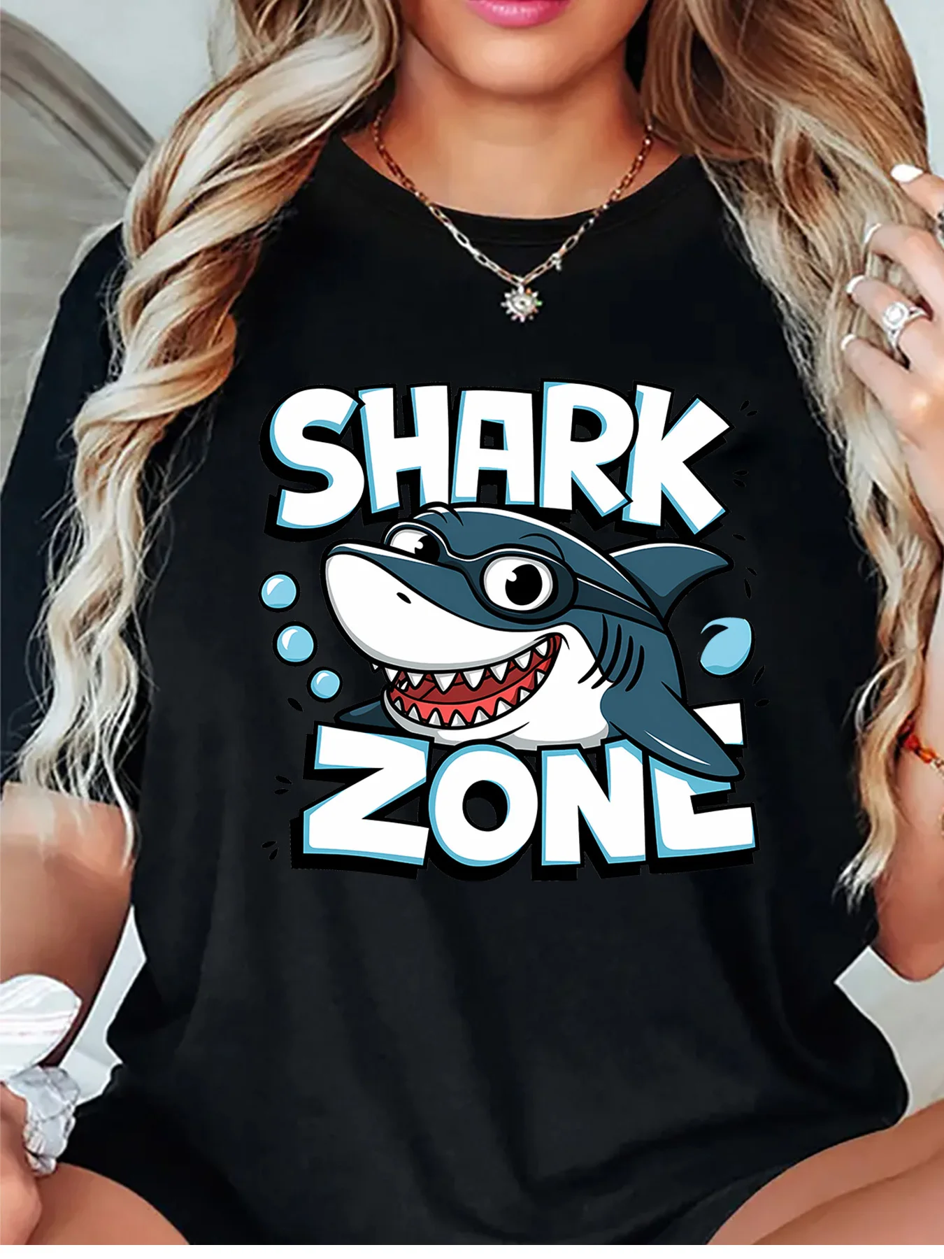 Shark Zone Funny Cartoon Shark With Goggles Art Graphic Womens T Shirt Short Sleeve Crew Neck Daily Casual Ladies Tee Tops