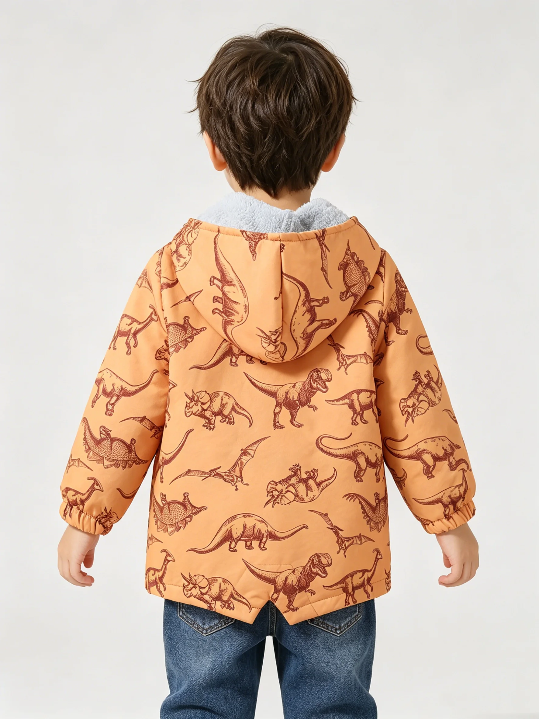 Autumn And Winter Boys' Cute Dinosaur Covered Inca Fleece Warm Hooded Jacket Fashionable Outdoor Casual Jacket
