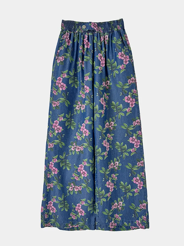 디자인 센세이션 여름 여성 와이드 레그 진스 엘라스틱 웨이스트 하이 웨이스트 블루 데님 스트레이트 컷 팬츠 캐주얼 다용도