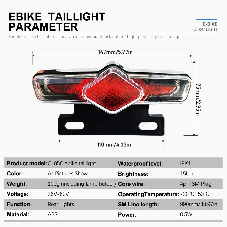 36V-60V Ebike LED Rear Light C-05C IPX6 Waterproof ABS Material Electric Mountain Bike 6 Modes