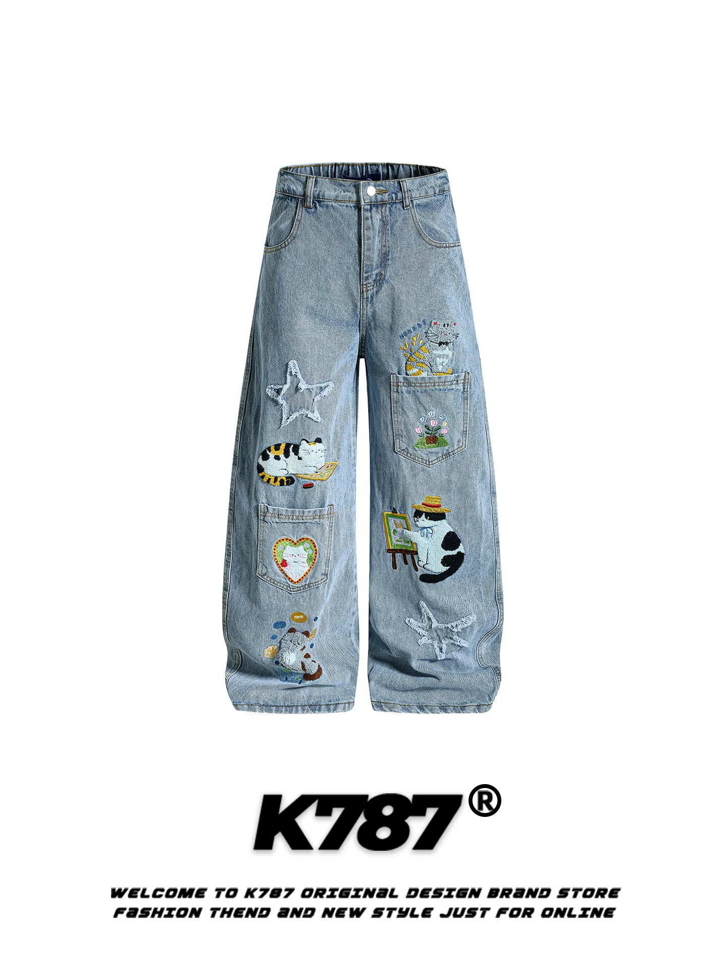 

Джинсы K787 в американском стиле, повседневные, милые, свободные, с высокой талией, прямые, в пол, из смесового хлопка, для мужчин и женщин