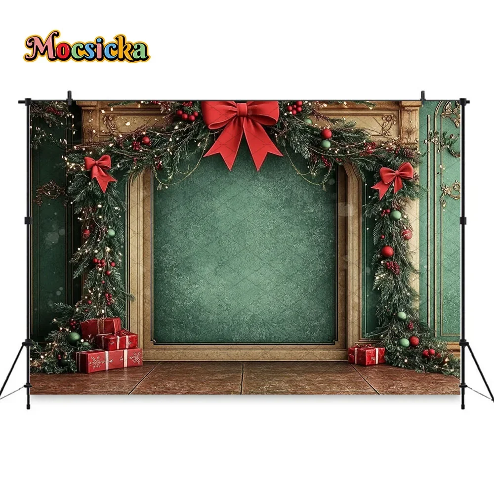 Mocsicka Fondo de puerta de Navidad fotografía Retro verde corona de Navidad regalo arco decoración telón de fondo invierno niños cumpleaños estudio fotográfico