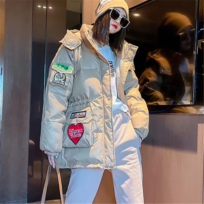 2022 Winter Jacket Women Short Parkas Badge Embroidery Fashion Pocket Hooded Down Jackets Streetwear Loose Cotton Coat Female