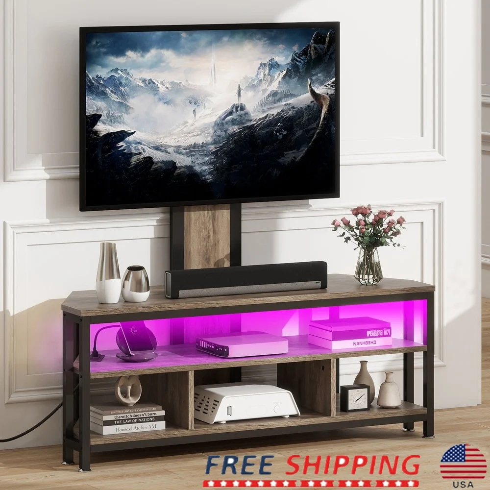 

Подставка для телевизора с креплением, розетка, RGB светодиодная подсветка, полки для хранения, регулируемая высота, телевизоры 32–70 дюймов