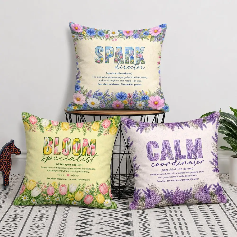 Floral Positive Job Title Cushion Cover Short Plush Soft Double-Sided Printing Pillow Case Cozy Sofa Bedroom Home Decor Gift