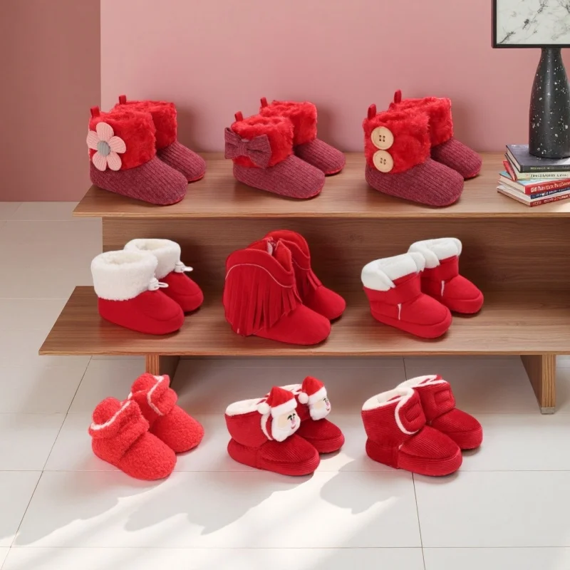 

Красная рождественская теплая обувь для малышей, обучающая ходьба, зимняя обувь для мальчиков и девочек, рождественская обувь для ролевых игр, милый мультфильм, обучение ходьбе